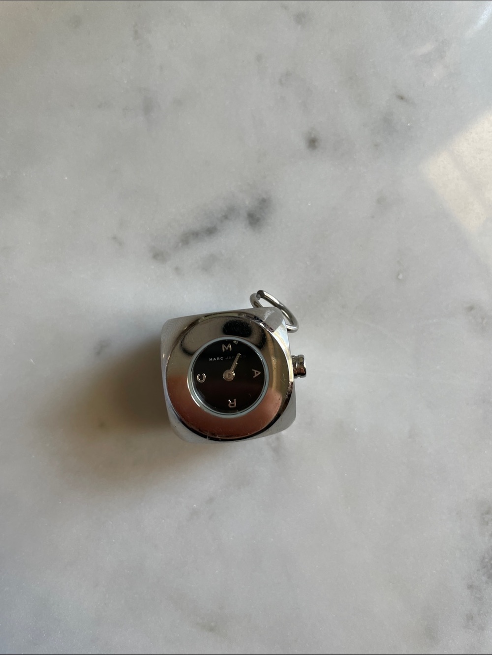Marc Jacobs Silver Cube Keychain Watch with Black Dial